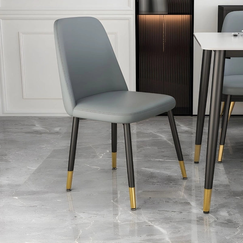 Grey leather chair close-up, dining chairs set of 6, kitchen chairs, tapered legs.
