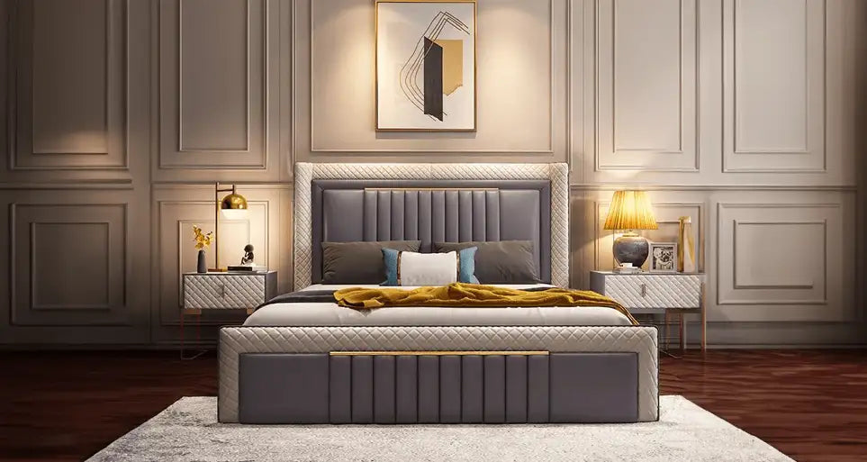 Dual-tone wingback bed frame | modern bed design | master bedroom cot design grey beige