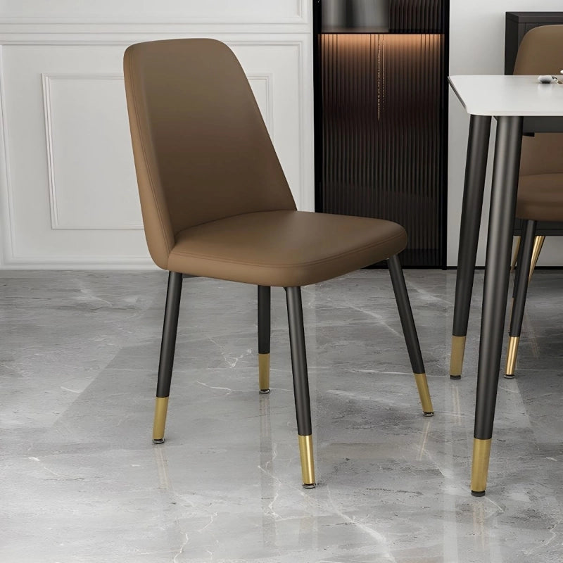 Brown faux leather dining chair image, dining chairs, set of 6 dining chairs, stitched edges.