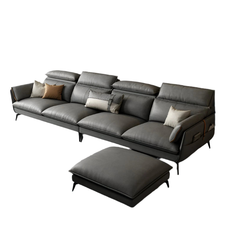 Designed in a sleek l shape, the Napa sofa includes modular seating options like a 4 seater layout and lounger configurations, finished in rich tan and charcoal tones. 