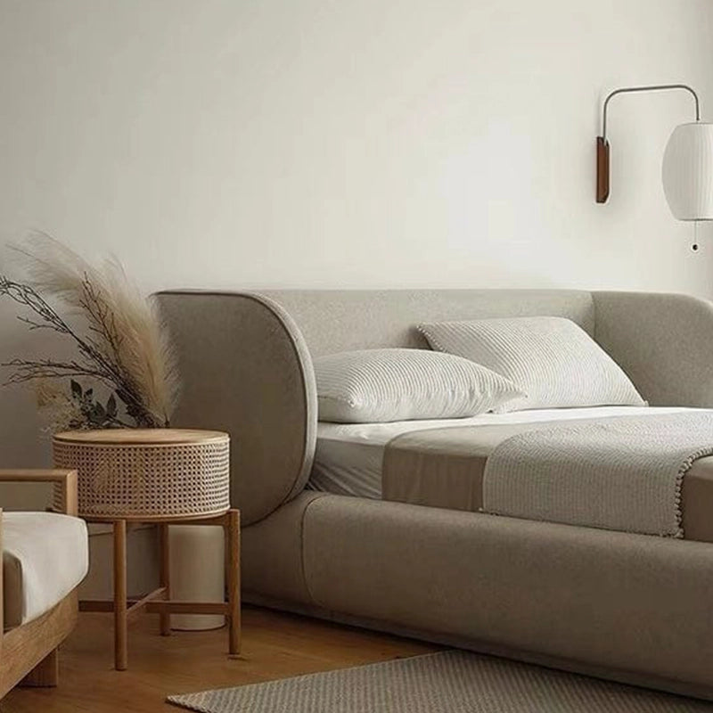 Soft beige upholstered bed image showing bed and cot frame in modern style