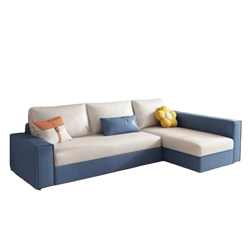 Blue-cream combo with floral cushion – convertible sofa bed couch, low-rise legs

