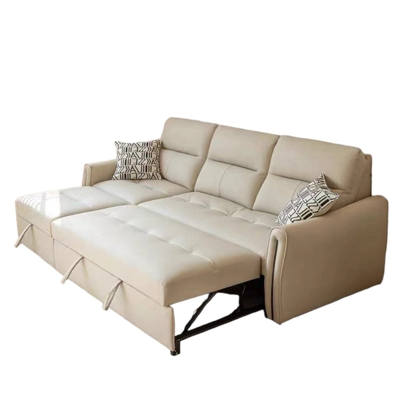 This convertible couch bed features a high back profile, subtle tufted accents, and ergonomic design suited for compact spaces.