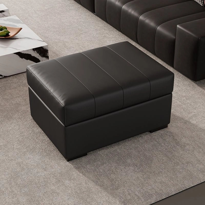 Black faux leather photo with ottoman with storage, living room ottoman, matte black feet