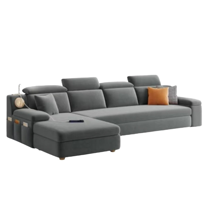Armrest pockets and reading light on grey variant – l shape sofa cum bed, sofa bed design