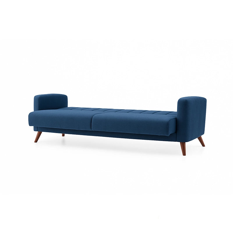 Blue sofa with wooden legs on a white background