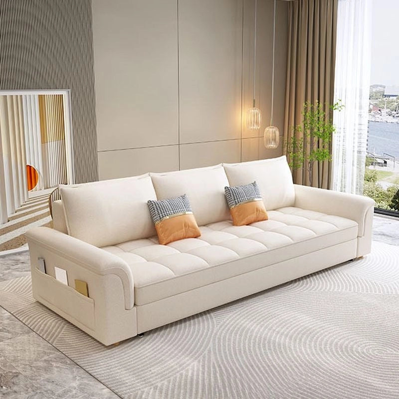 It merges the practicality of a convertible couch bed with the comfort of a sleeper sofa, offering integrated storage and side pocket features. 