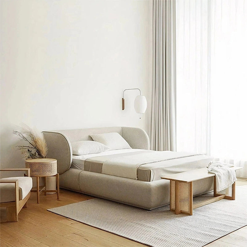 Transform your master bedroom with this elegant modern bed design, featuring a plush upholstered bed frame in soothing green or beige tones.