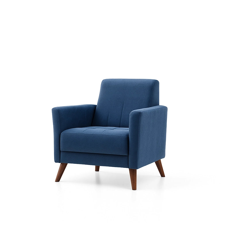 Blue armchair with wooden legs on a white background