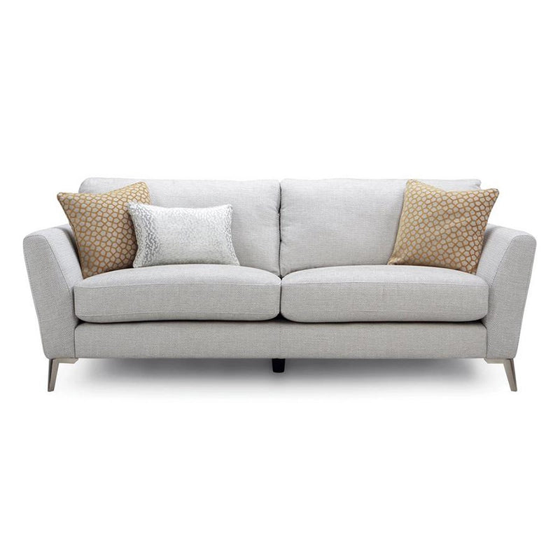 Upholstered in durable grey cloth, this fabric couch is supported by a termite-resistant Neem wood frame and engineered plywood panels.