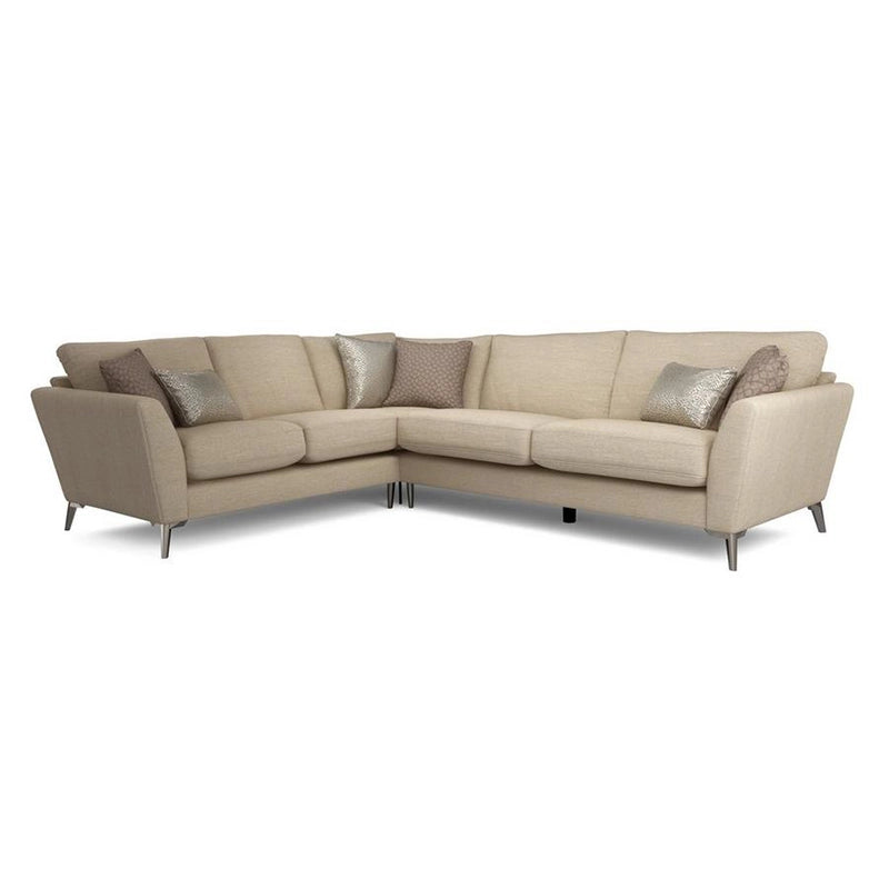 Upholstered in premium fabric sofa material with neutral grey tones, this stylish sofa design features flared arms, tapered wooden/metal legs, and plush seating for lasting comfort.