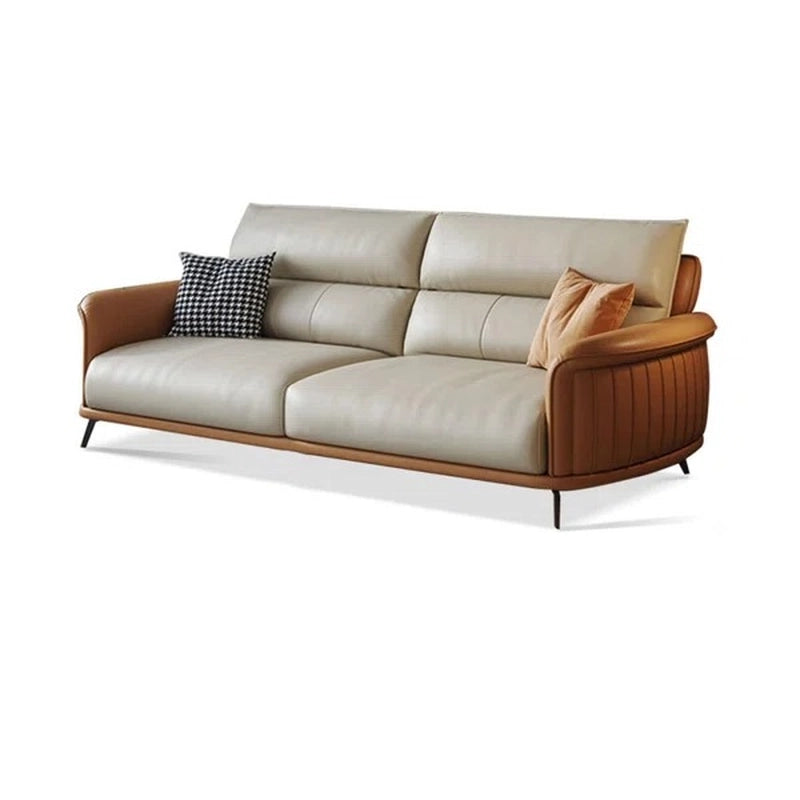 Beige sofa with brown armrests and cushions on a white background
