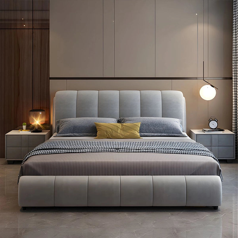 Headboard close-up detailing, bed for king size + modern bed design – smooth beige fabric