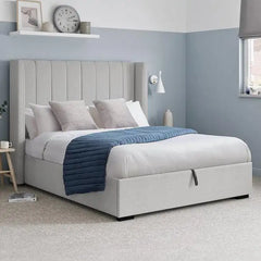 heather-grey wingback headboard – hydraulic bed + modern bed design upholstered frame