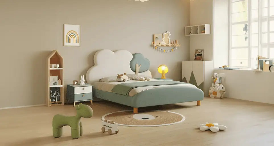 Cloud and tree themed kids bed cute beds kids bedroom furniture pastel green fabric