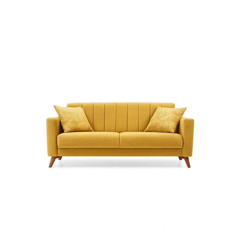 Yellow sofa with two pillows on a white background