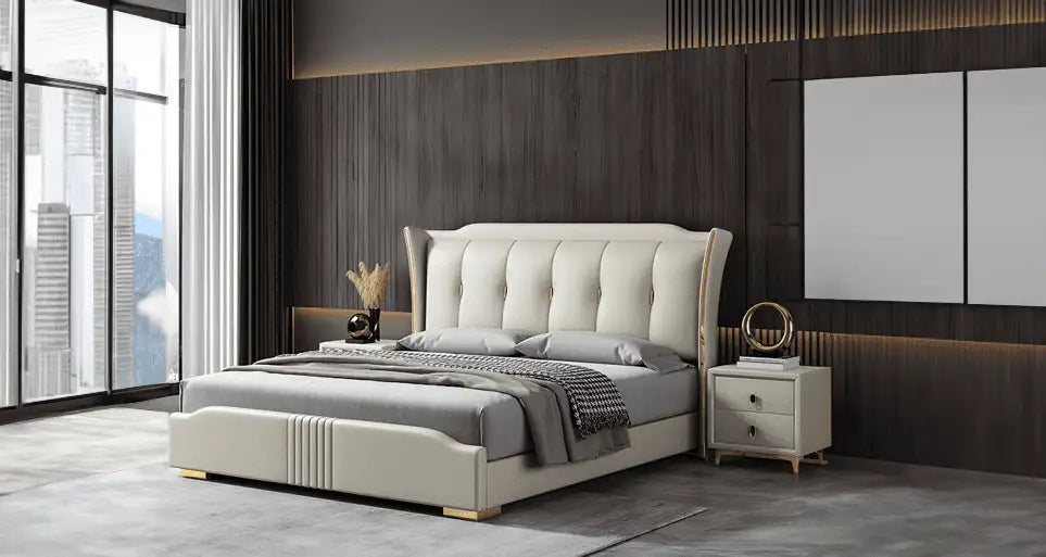 The Saviya upholstered bed by Furnezo embodies a modern style bed design with Art Deco inspiration and contemporary craftsmanship.
