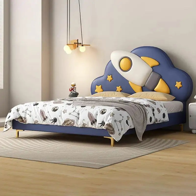 Space-themed rocket headboard kids bed children’s bed with mattress navy blue fabric