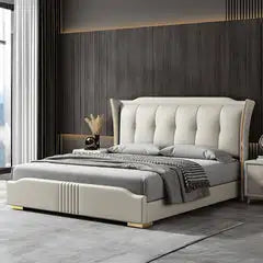 gold-accented footboard with ribbed pattern modern style bed design – beige tone