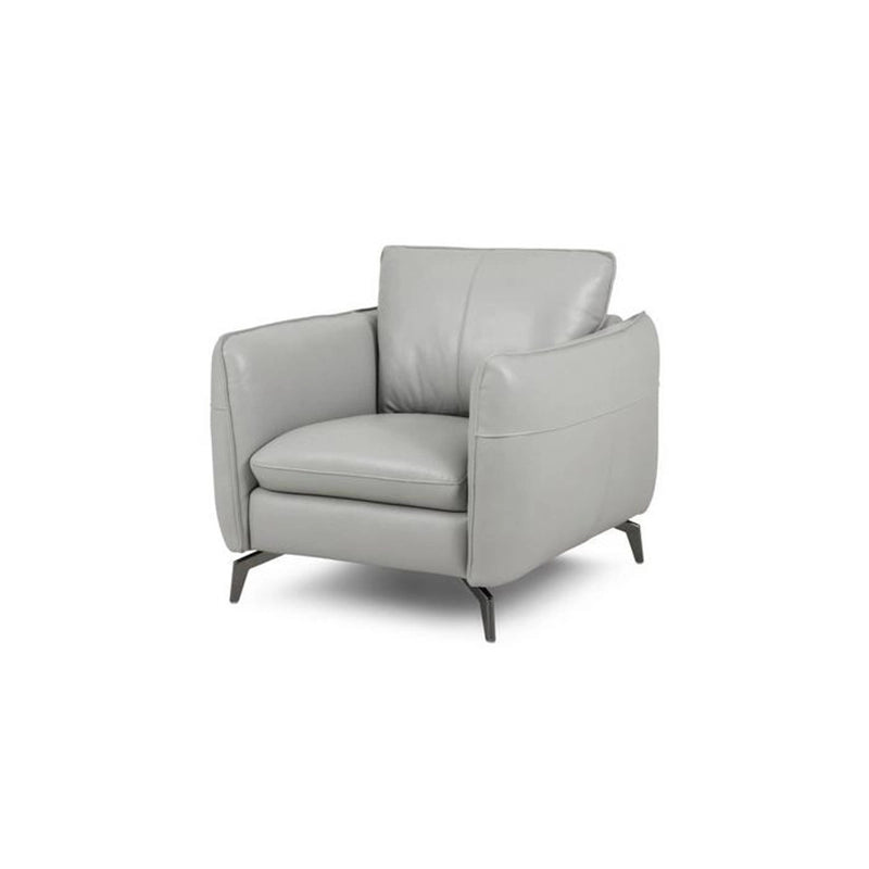 Upholstered in light grey pure leather, it features rounded armrests, high ground clearance, and neatly piped edges for a polished finish. 