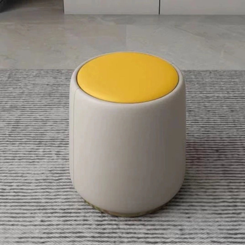  Cylindrical pouffe with gold base ring, ottoman and footstool, faux leather top