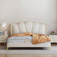  Scalloped headboard with gold piping – kids bed, bacchon ka bed – cream fabric finish