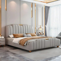 Gold-accent modern style bed design with vertical panel headboard bed frame
