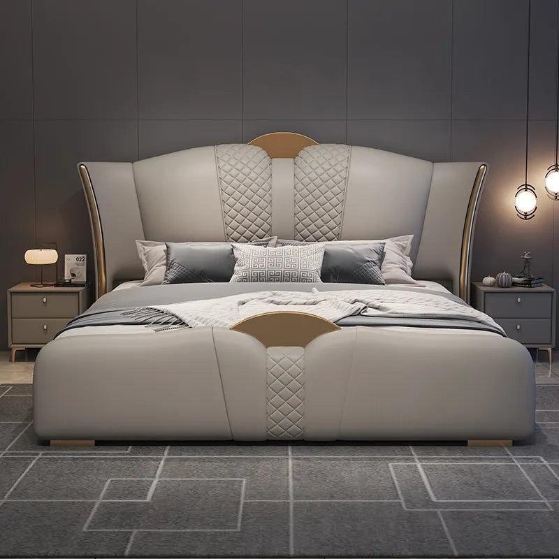  Gold crest accents + master bedroom bed design + sculpted footboard + beige tone