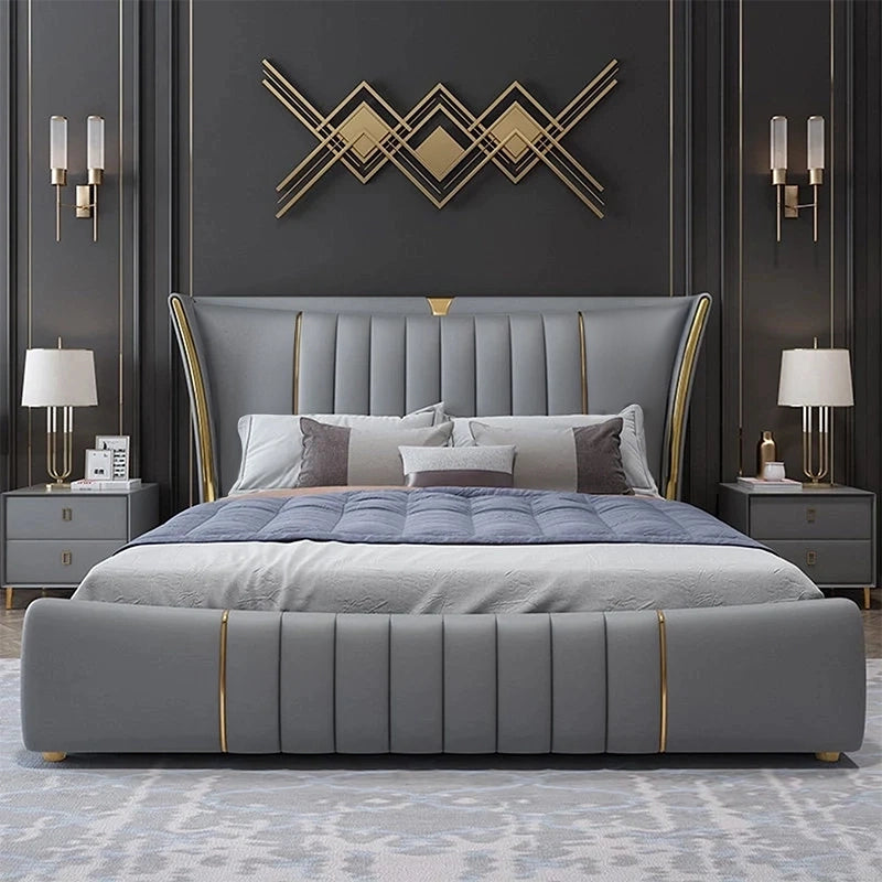 Gold-capped legs and block frame, modern style bed design + bed and cot + leatherette
