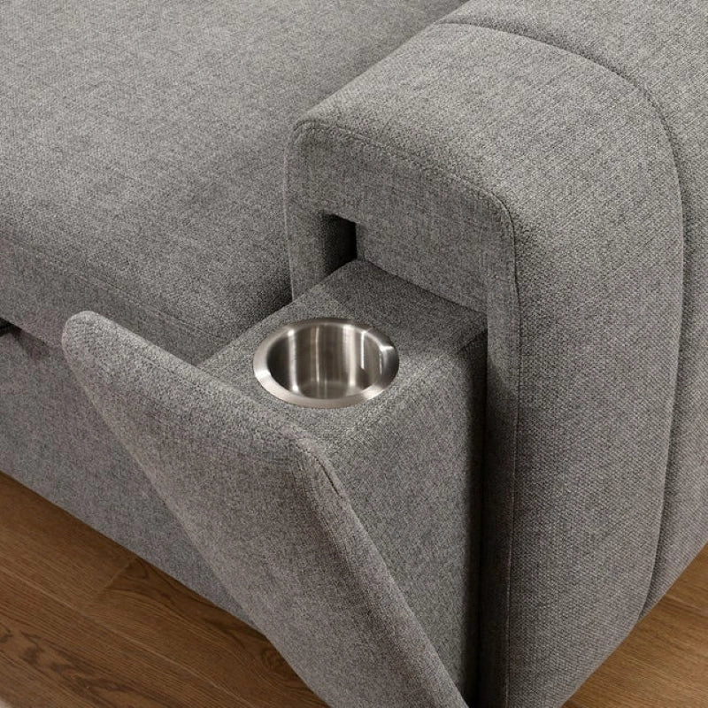 Armrest with cupholder and retractable headrest, sofa cum bed design, sofacumbed, grey upholstery