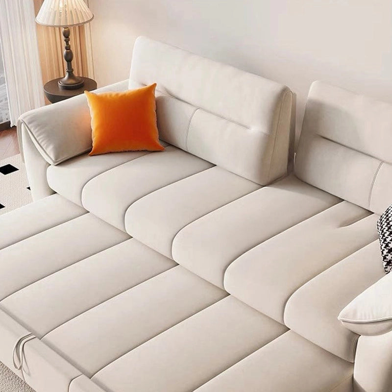 Beige sofa bed couch with rounded silhouette, convertible sofa bed layout