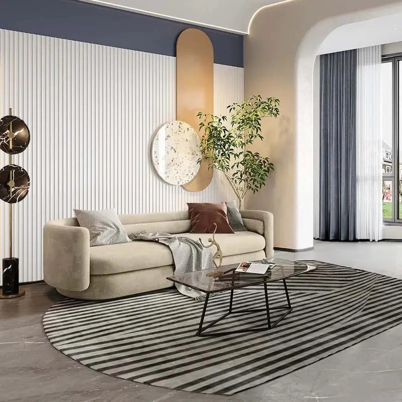 Rounded 3 seater chair in beige, fabric sofa, modern sofa design, seamless form