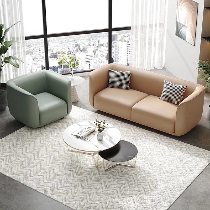 Light grey faux leather 3-seater with low back, designable sofa set, modern sofa design