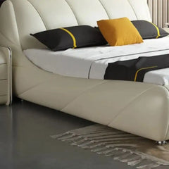 Side profile showing padded footboard with cot design and modern style bed design appeal