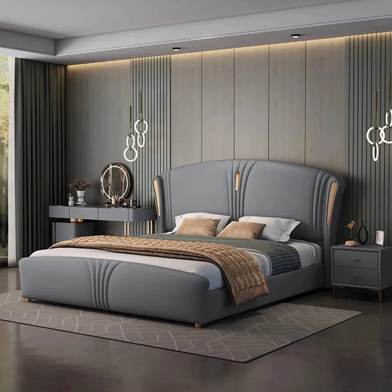  Curved footboard arc profile, new bed design, master bedroom bed design, grey finish