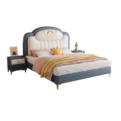 Soft blue and white drawers, Made to Order Custom Tailored, children’s bed with mattress, colour accents
e. Sun pillow styling, Custom Handmade to Order, cute beds, pastel tone aesthetics

SEO Detail
The Marten kids bed brings playful elegance to any children's room with its faux leather headboard embroidered with a rainbow motif and a soft pastel palette. Designed in queen size, it ensures a spacious and cosy retreat while blending safety and whimsy. Rounded corners and angled golden legs combine both aest