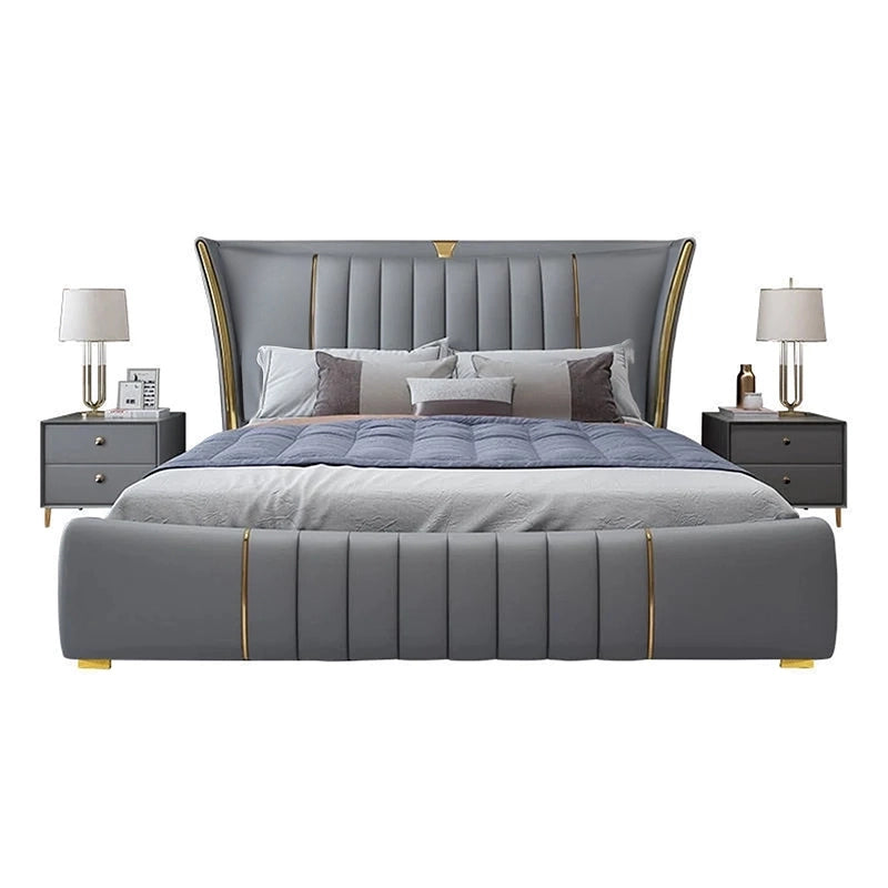 Quilt-panelled side wings, cot design + bed frame + grey leatherette
