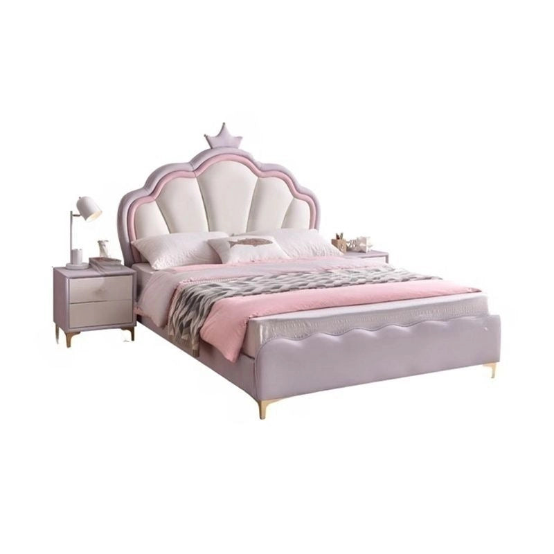 A crown-topped pastel headboard, curved silhouette, and smooth faux leather finish make it a standout queen size kids bed. 