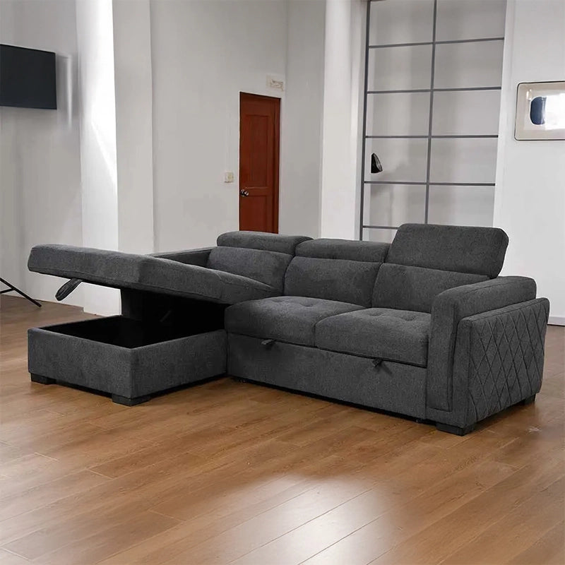  Boxy padded arms and tufted seats, convertible sofa bed, queen-size sleeper silhouette
