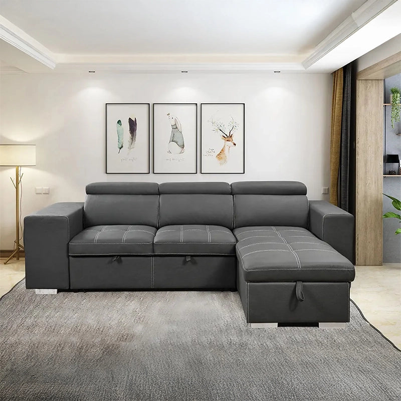  Hidden storage revealed, l shape sofa cum bed, modern design, adjustable headrest, dark grey