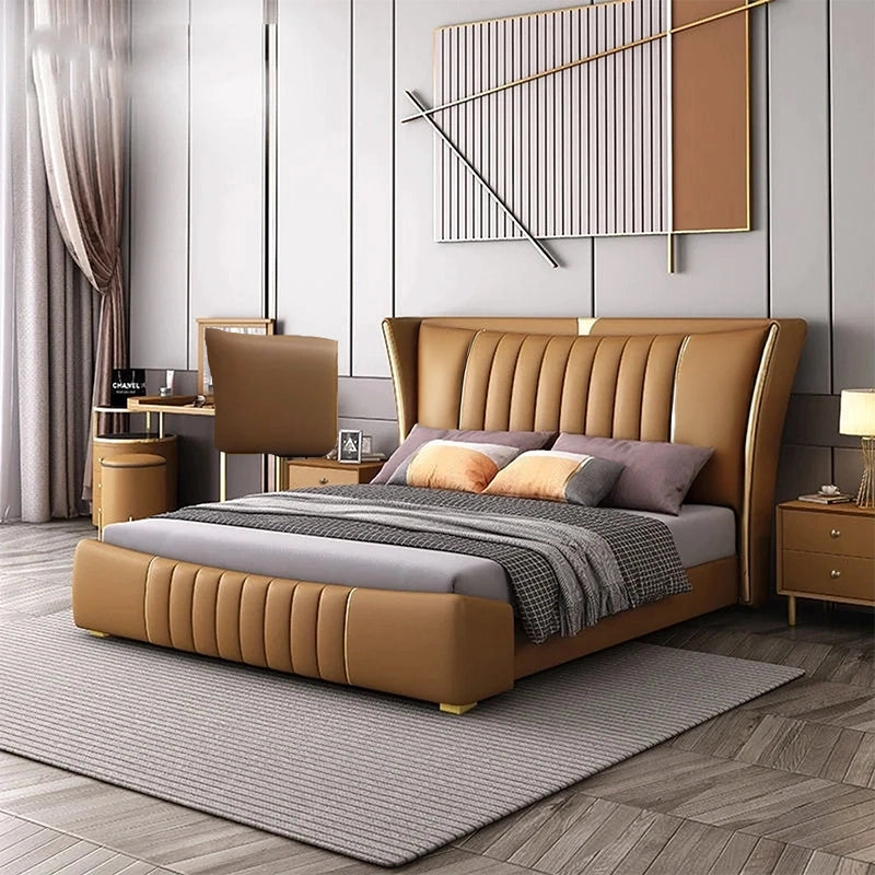 Gold trim accents, bed frame + modern bed design + camel leatherette finish
