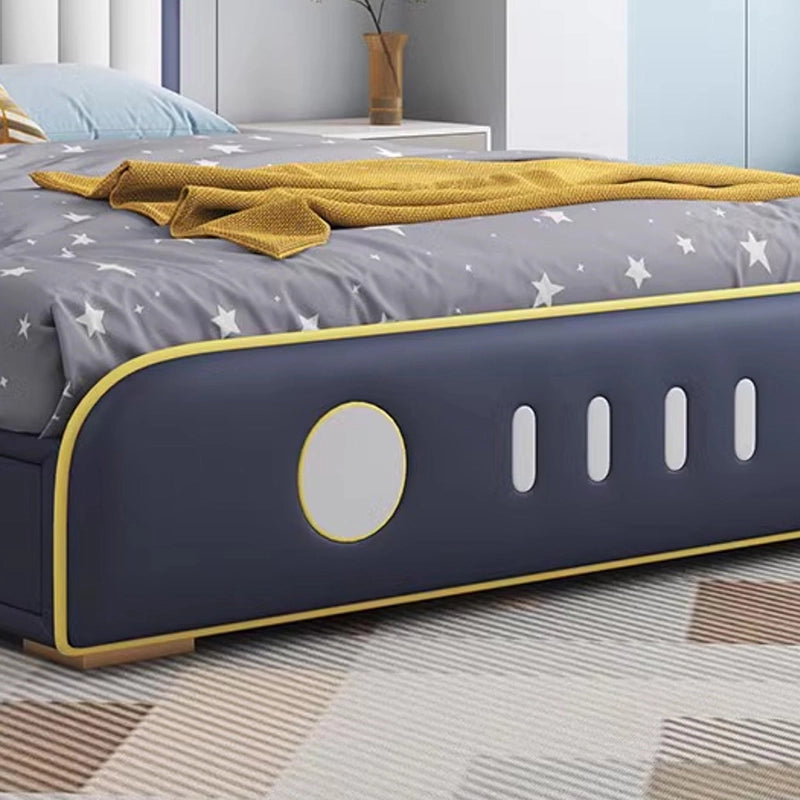 Space-inspired footboard details; kids twin bed and bacchon ka bed; bold circular graphics