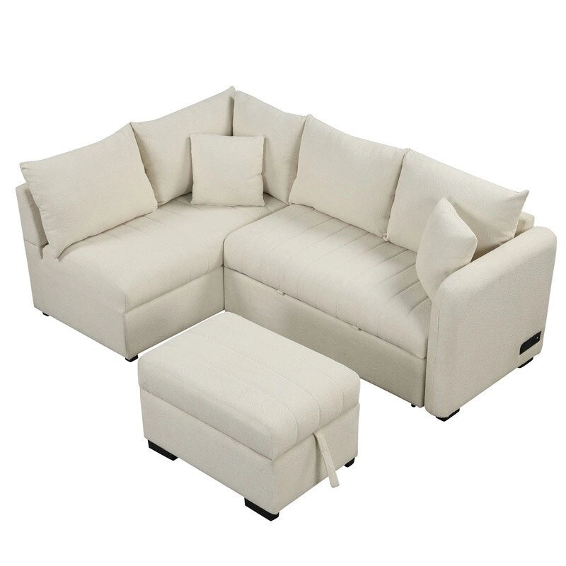 This L-shaped sleeper settee comfortably seats four to five when folded and transforms into a full-size couch bed in under a minute, thanks to its manual pull-out mechanism
