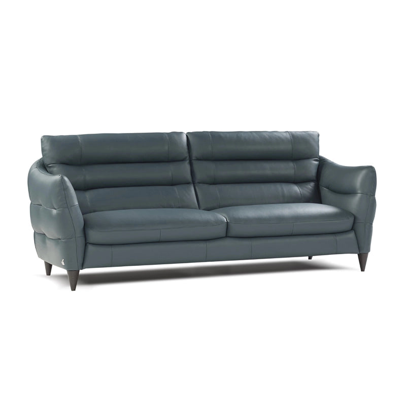 This sleek leather settee delivers high-end comfort in a clean, contemporary form. With a segmented backrest, inward-sloped armrests, and dark wood conical legs, it’s an elegant blend of structure and softness. 
