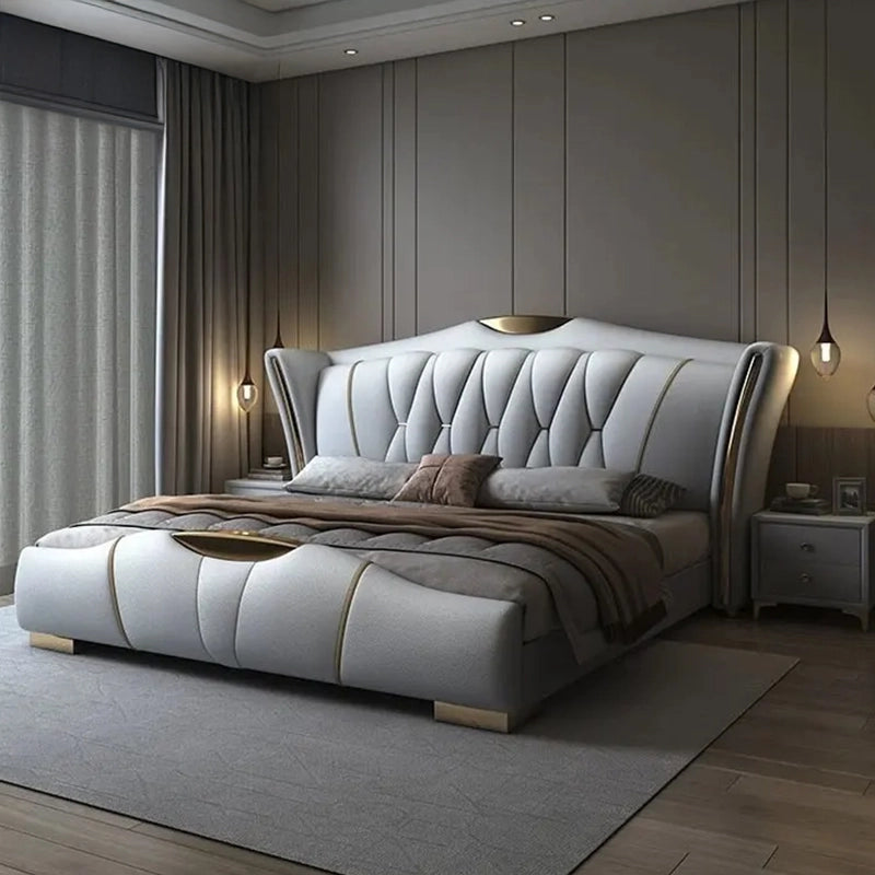  Regal curved headboard with gold accents, bed online, modern bed design, premium fabric
