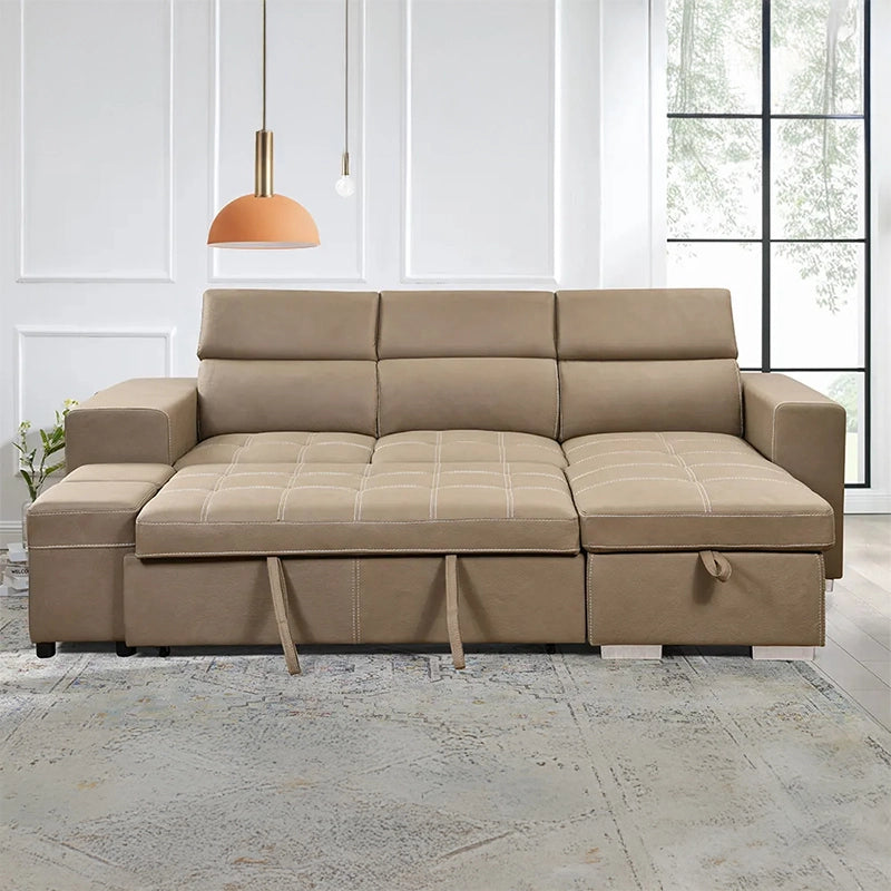  Close-up stitching, sofa bed couch, sofacum bed styling, chrome frame, beige tone