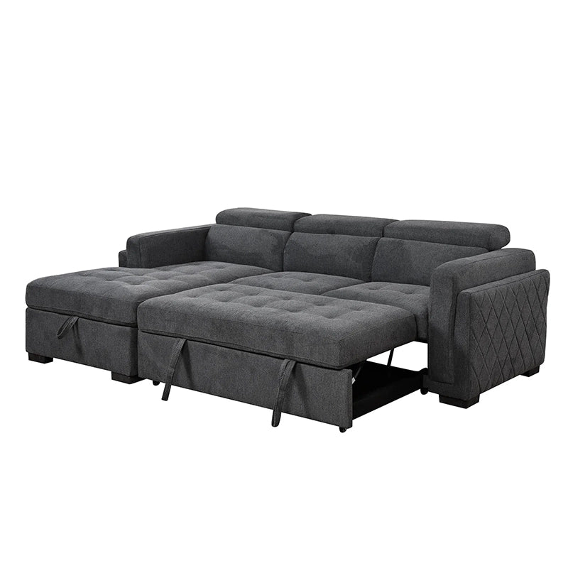 Under-chaise storage detail, sofa come bed, soft upholstery with durable frame