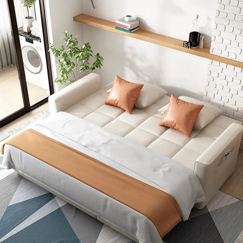 Sofa cum bed in modern setting + sofa come bed + compact layout + black leg supports