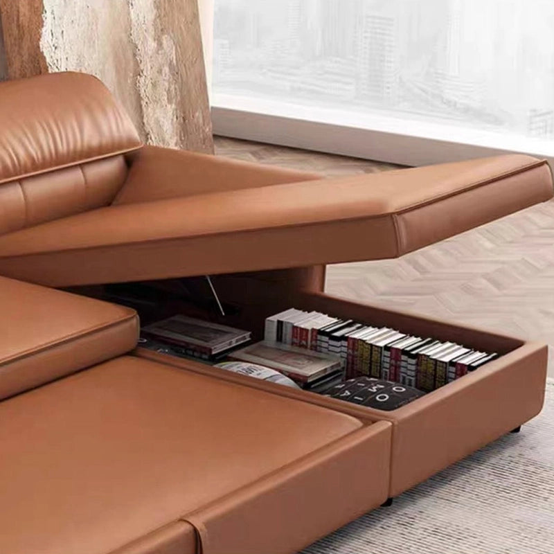 Integrated storage in the lounger section maximises space utility, while padded arms and headrests enhance relaxation.