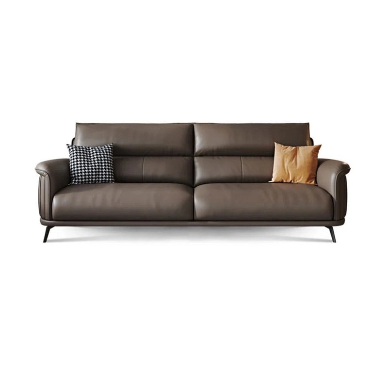 Brown leather sofa with two cushions on a white background